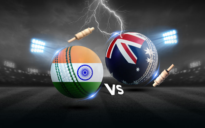 India vs Australia cricket balls with flag.