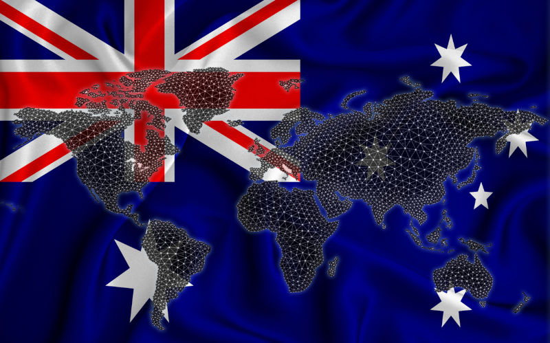 Map of the world background of the flag of Australia.