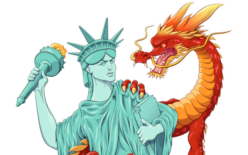 National symbols USA China show international relations. Vector illustration in comic style.