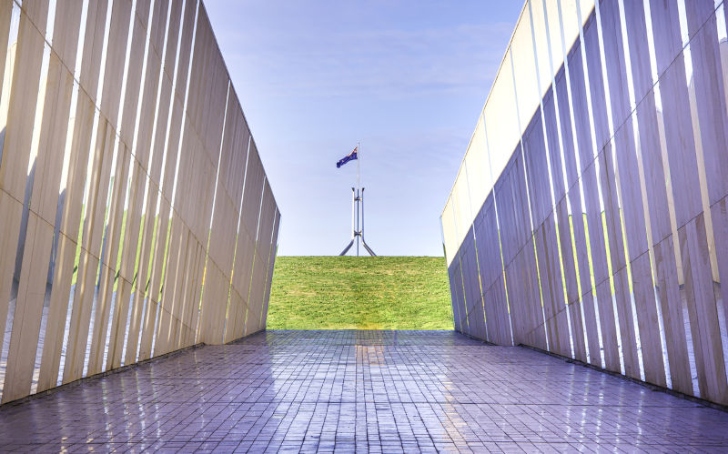 Canberra Parliament House in Sunrise at Lake Burley Griffin.