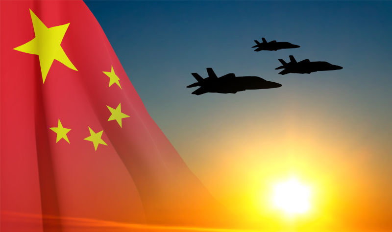 Silhouette of military aircraft on background of sunset and China flag. Air Force concept.