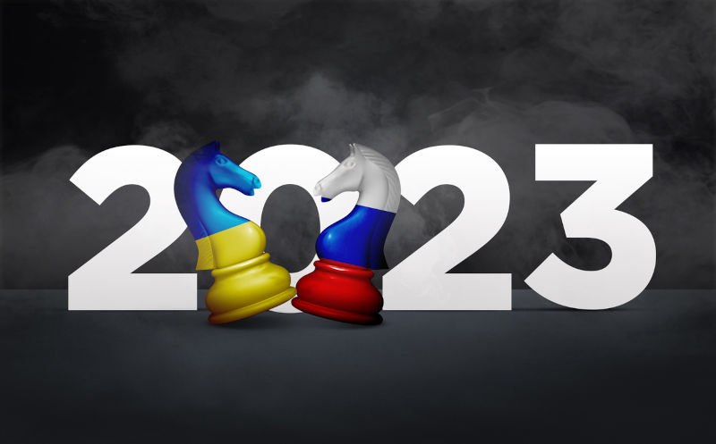 Ukraine and Russia flags paint over on chess knight war 2023.