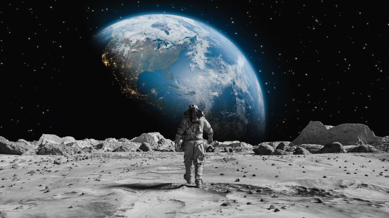 Walking on Moon Towards Planet Earth. In back ground.