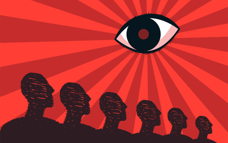 An eye looking at a crowd, a symbol of control.