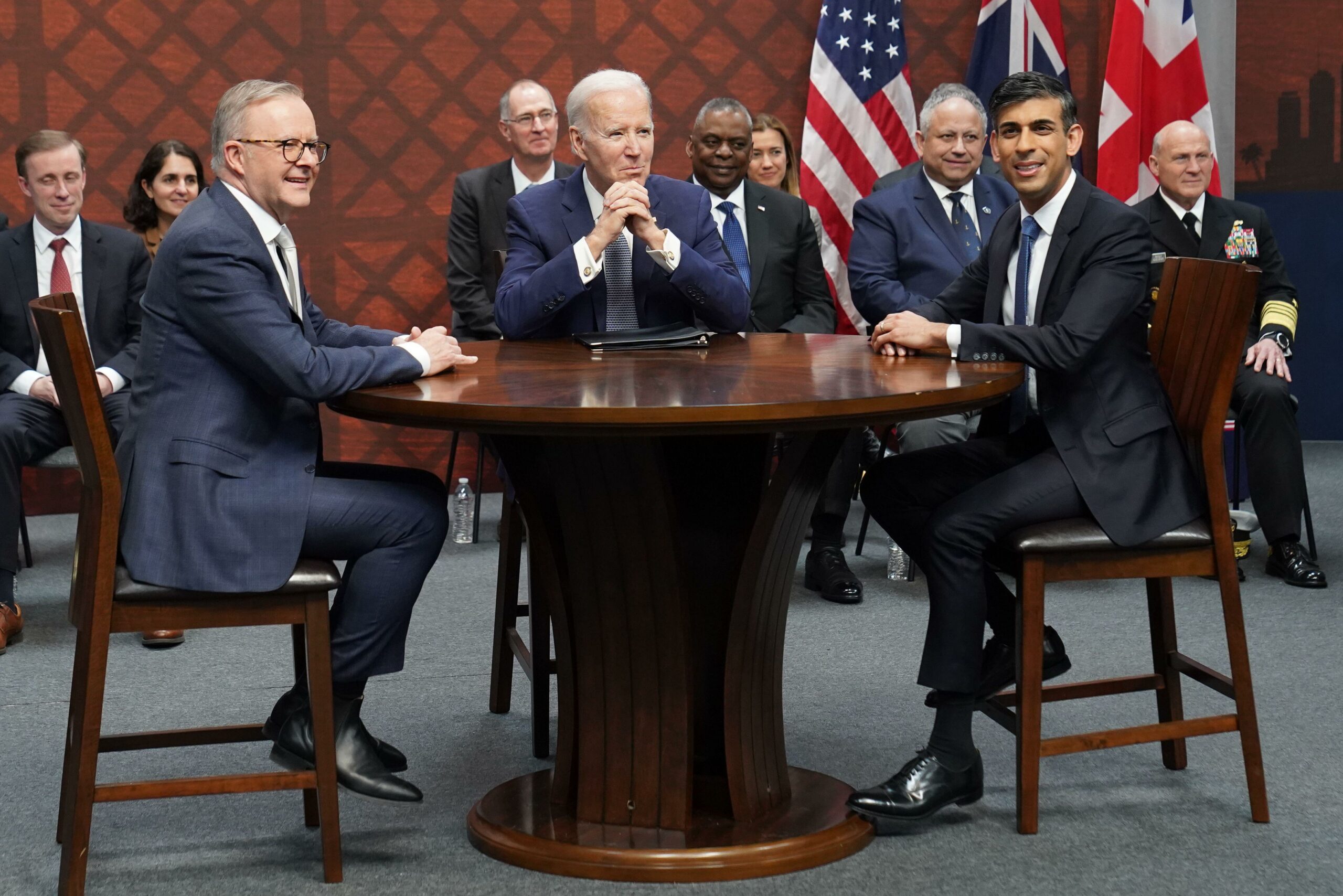 Prime Minister Rishi Sunak during a meeting with US President Joe Biden and Prime Minister of Australia Anthony Albanese at Point Loma naval base in San Diego, US, to discuss the procurement of nuclear-powered submarines under a pact between the three nations as part of Aukus, a trilateral security pact between Australia, the UK, and the US. Picture date: Monday March 13, 2023.