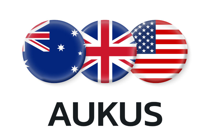 AUKUS banner with USA, UK, Australia flag icons. American, British, Australian security alliance pact design. Vector illustration.