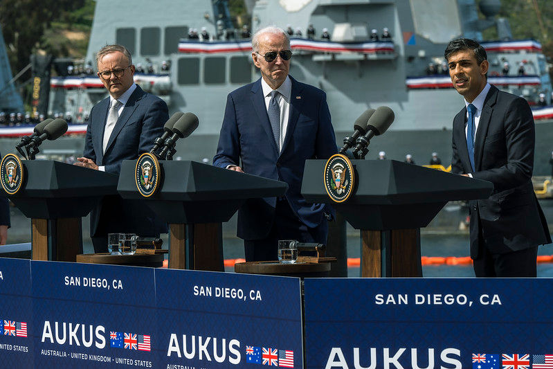 Secretary of Defence Lloyd J. Austin III greets British Prime Minister Rishi Surnak and Australian Primer Minister Anthony Albanese the AUKUS bilateral meeting San Diego, Calif, March 13, 2023. (DoD photo by Chad J. McNeeley)