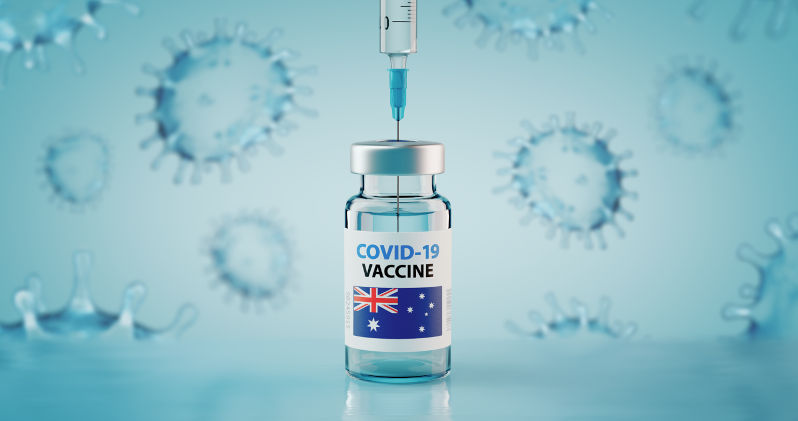 COVID-19 Coronavirus Vaccine and Syringe with flag of Australia.