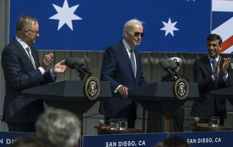 President Joe Biden, British Prime Minister Rishi Sunak and Australian Prime Minister Anthony Albanese speak at the AUKUS meeting in San Diego, March 13, 2023.