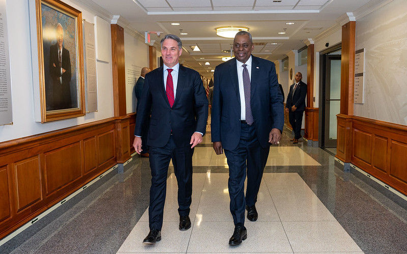 Secretary of Defense Lloyd J. Austin III walks with Australian Deputy Prime Minister and Minister of Defense Richard Marles during a bilateral exchange at the Pentagon, Washington, D.C., Feb 3, 2023. Flickr (DoD photo by U.S. Navy Petty Officer 2nd Class Alexander Kubitza)