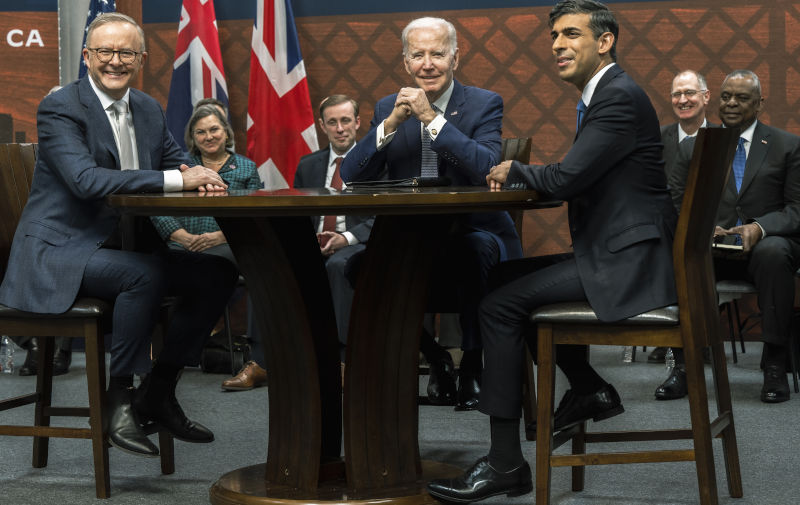 President Joe Biden, British Prime Minister Rishi Surnak and Australian Prime Minister Anthony Albanese at the AUKUS bilateral meeting San Diego, Calif, March 13, 2023. (DoD photo by Chad J. McNeeley)