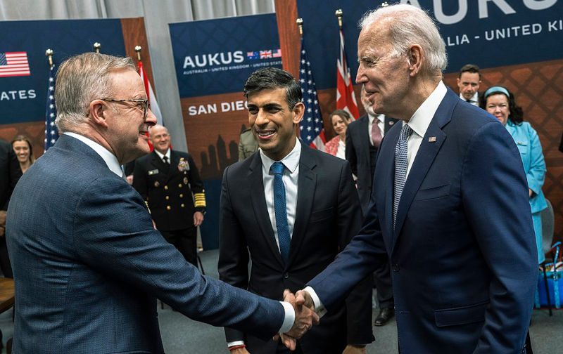 President Joe Biden greets British Prime Minister Rishi Surnak and Australian Prime Minister Anthony Albanese the AUKUS bilateral meeting in San Diego, Calif, March 13, 2023. (DoD photo by Chad J. McNeeley)