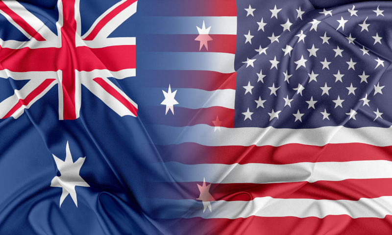 Relations between two countries. USA and Australia flags.