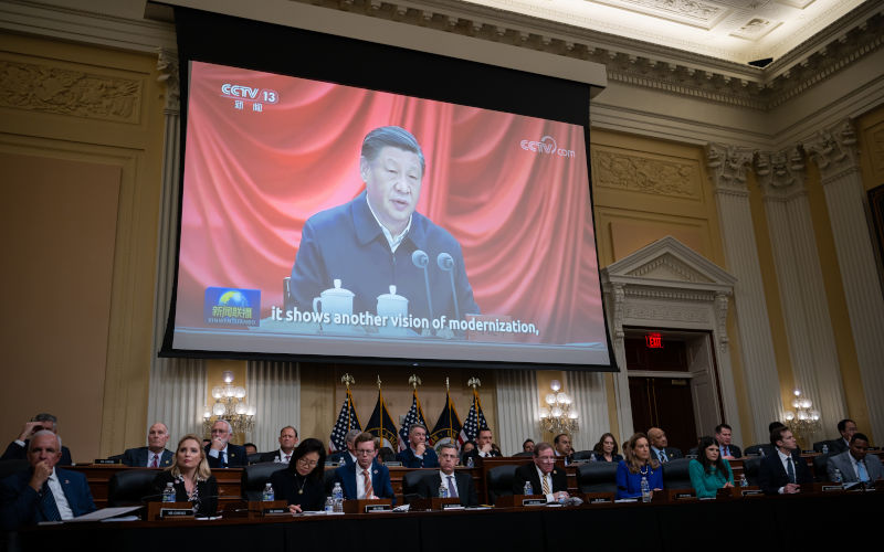 An image of Chinese President Xi Jinping is seen as a video plays during a House Select Committee on the Chinese Communist Party hearing on the CCPs threat to America, at the U.S. Capitol, in Washington, D.C., on Tuesday, February 28, 2023. (Graeme Sloan/Sipa USA)