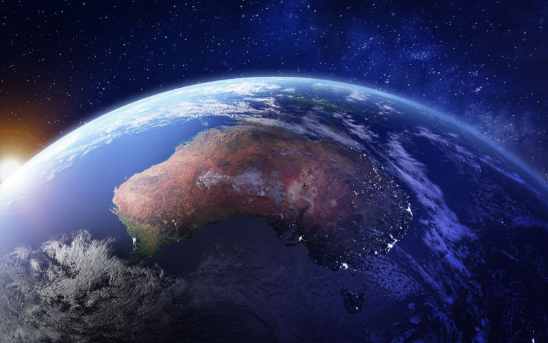 Australia from space at night with city lights of Sydney, Melbourne and Brisbane, view of Oceania, Australian desert, communication technology, 3d render of planet Earth, elements from NASA