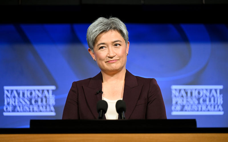 Australian Foreign Affairs Minister Senator Penny Wong addresses the National Press Club in Canberra, Monday, April 17, 2023. Image:AAP / Lukas Coch