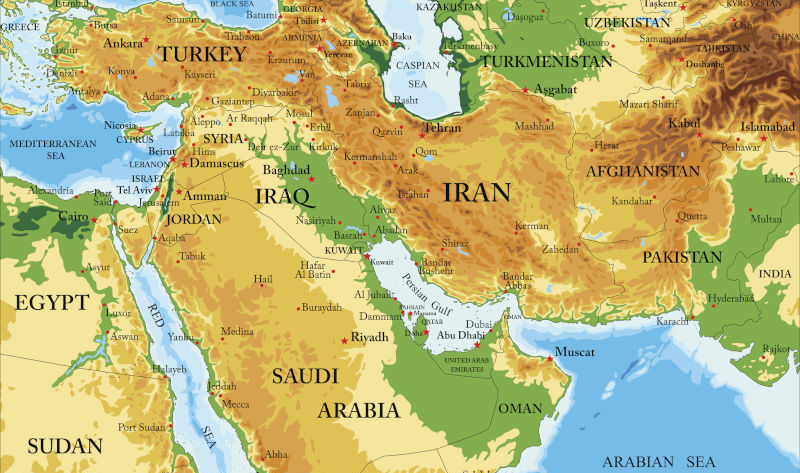 Highly detailed physical map of Middle East in vector format,with all countries, major cities and all the relief forms .