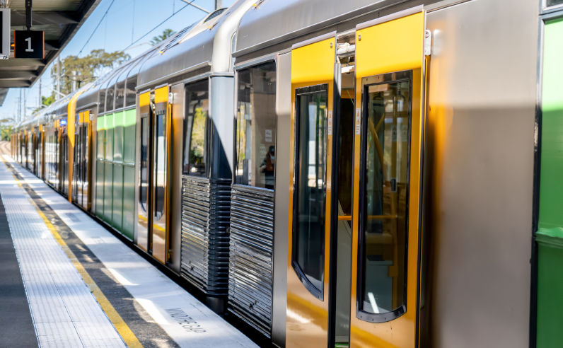 Passenger train on the empty station in Sydney, New South Wales, Australia. Public transport