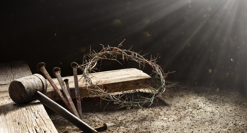 Calvary Of Jesus - Old Cross With Crown Of Thorns Hammer And Bloody Spikes