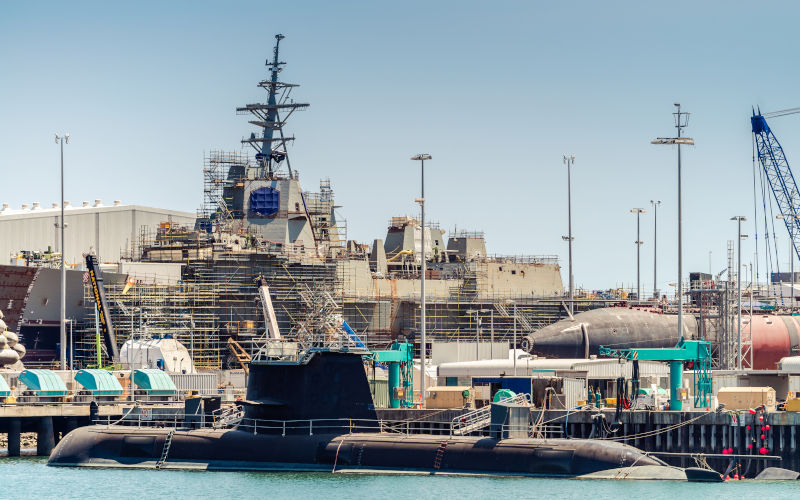 Adelaide, South Australia - January 26, 2014: Australian Submarine Corporation Collins Class submarine construction progress for the Royal Australian Navy in Osborne dock at Port Adelaide.