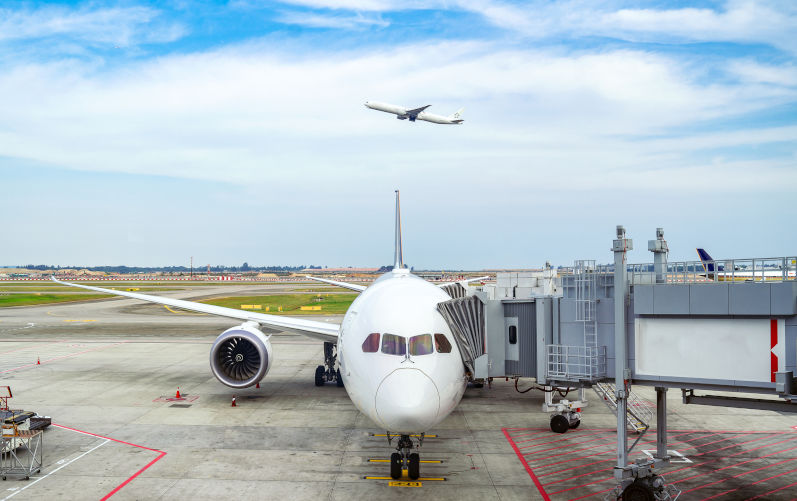 Airplane and Melbourn airport with airplane take off in background, Australia, this photo can use for travel, business, transportation, airline, flight and holiday concept