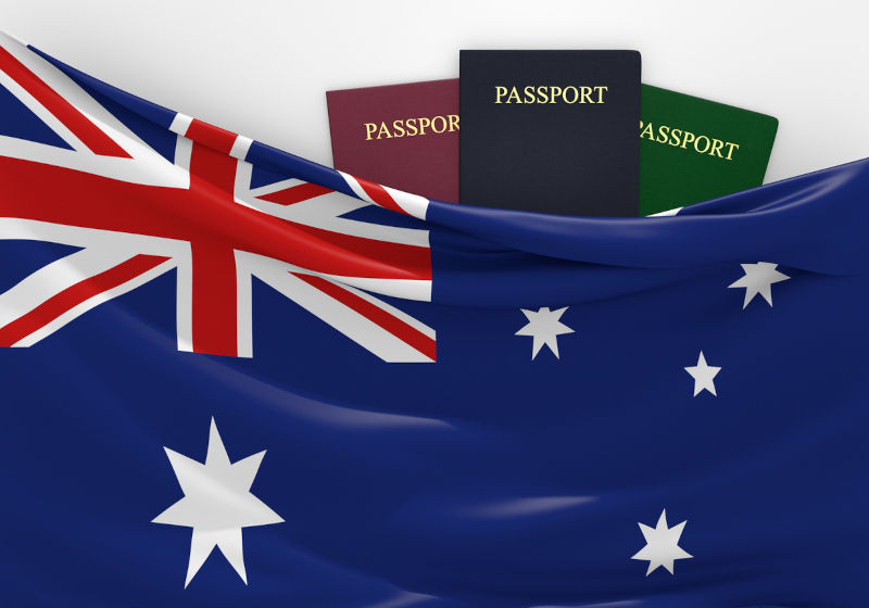 Australian flag and three passports in different colours, representing travel to and from the country.