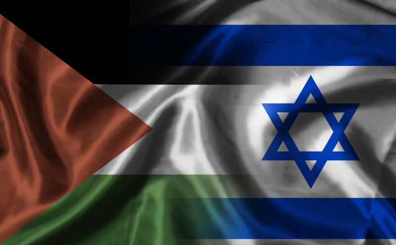 Combination Israel flag and Palestine flag for both countries have politic conflict and military war concept.