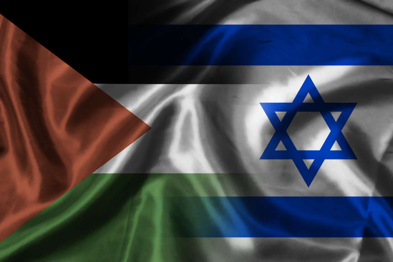 Combination Israel flag and Palestine flag for both countries have politic conflict and military war concept.