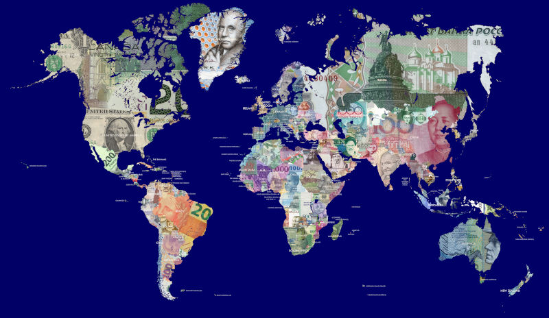 Detailed map of the world in all the world's currencies.