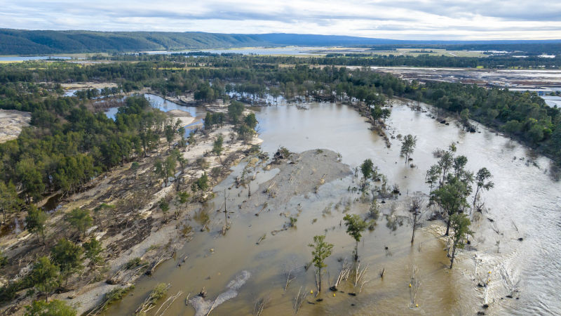 Drone aerial photograph of severe flooding of the Nepean River and flood plain in Penrith in New South Wales in Australia.