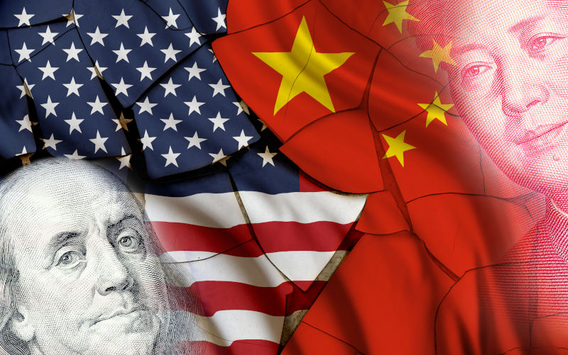 Flags of USA and China with faces of Benjamin Franklin and Mao Zedong, depicts trade deficit between Washington and Beijing