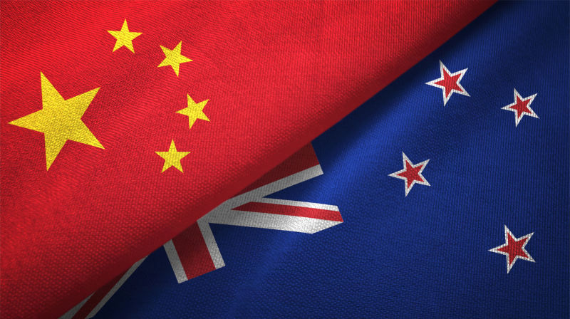 New Zealand and China flag together relations textile cloth fabric texture