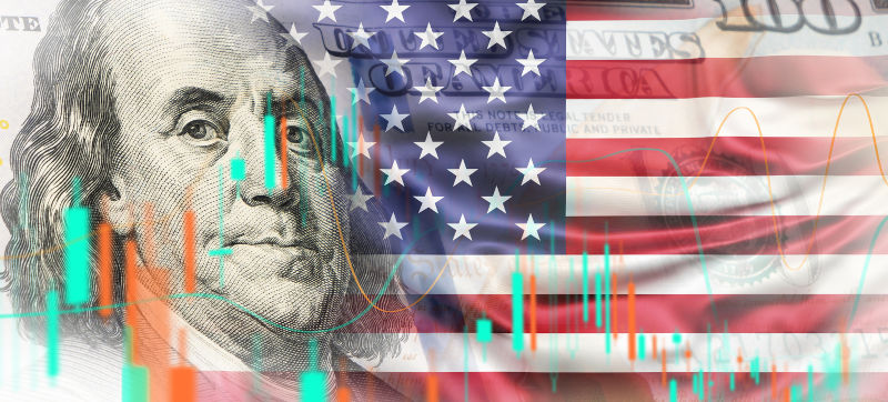 USA flag with financial data analysis graph showing market trends over American dollar.