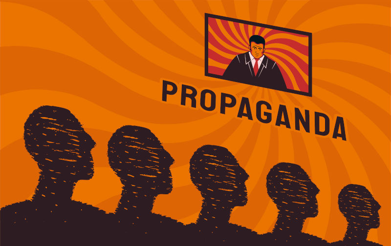 A stylised crowd of people looks at the TV screen, a symbol of propaganda.