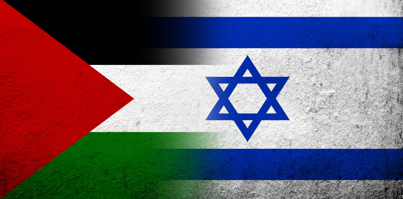 Flags of Palestine and Israel.