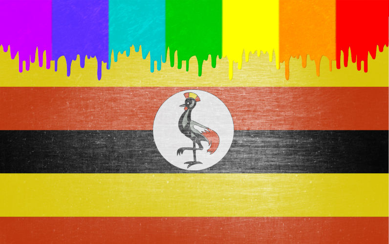 Paint (in the colours of the rainbow flag) is dripping over the national flag of Uganda.