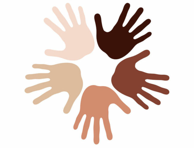 Hand prints different tone skin in circle. Symbol racial equality and diversity. Partnership and mutual assistance concept. International day of tolerance. Vector illustration