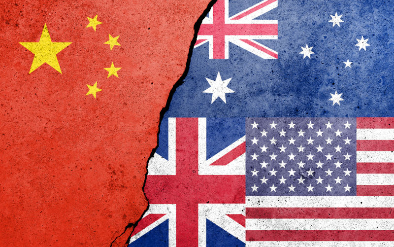 Relations between AUKUS and China Flags Aus,UK,USA China.