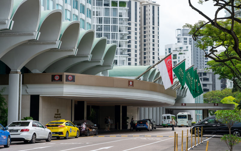 View of the main entrance of the Shangri-La Hotel host of the Shangri-La Dialogue.