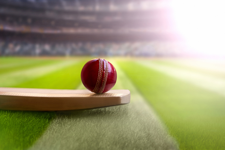 Cricket - leather ball resting on bat on the stadium pitch Image: iStock/ Gemini Pro Studio