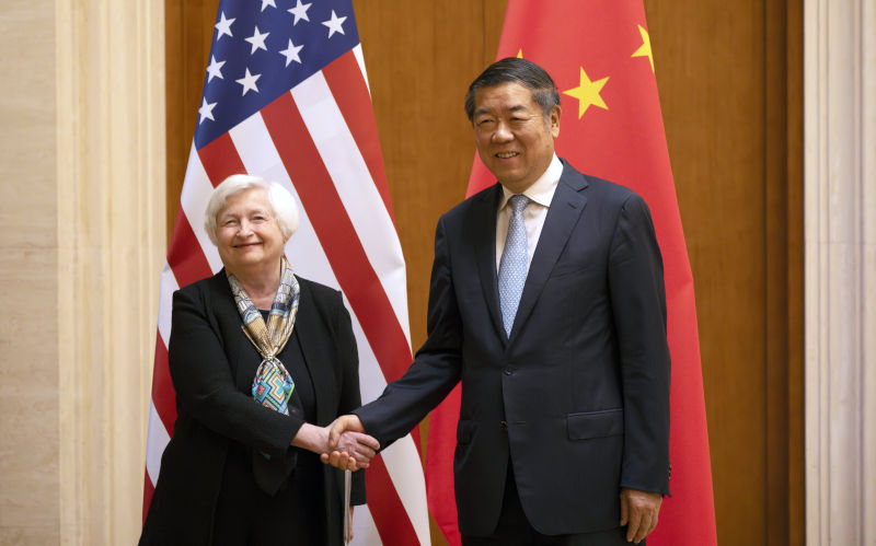 Treasury Secretary Janet Yellen, left, shakes hands with Chinese Vice Premier He Lifeng during a meeting at the Diaoyutai State Guesthouse in Beijing, China, Saturday, July 8, 2023. Image: AAP/AP /Mark Schiefelbein, Pool Treasury Secretary Janet Yellen, left, shakes hands with Chinese Vice Premier He Lifeng during a meeting at the Diaoyutai State Guesthouse in Beijing, China, Saturday, July 8, 2023. Image: AAP/AP /Mark Schiefelbein, Pool