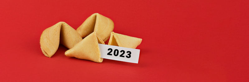 2023 Chinese fortune cookies. Cookies with white blank and 2023 text inside for prediction words.