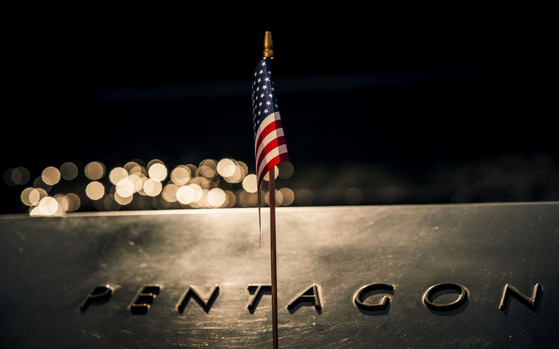 Close-up of an American flag draped across the Pentagon