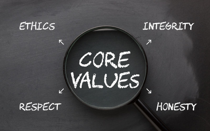 Core values diagram with magnifying glass and conceptual words on blackboard.