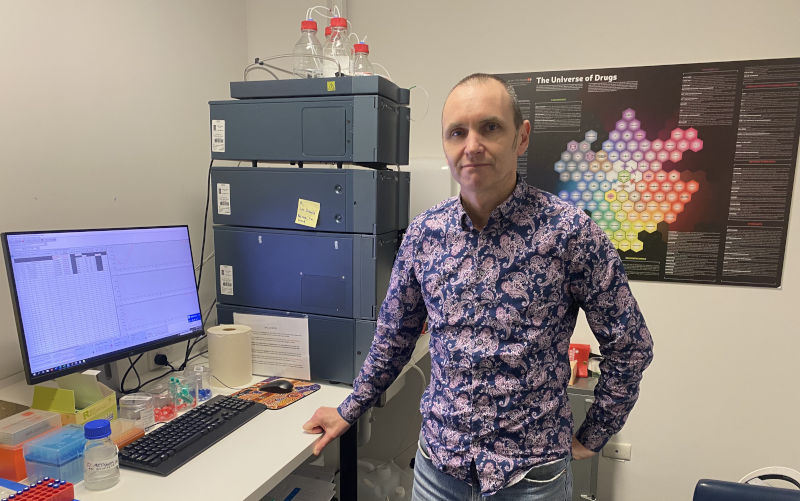 : Professor Mal McLeod with the Ultra-Performance Liquid Chromotography – Photodiode Array, or “Ursula”, in Canberra’s fixed-site pill-testing centre.