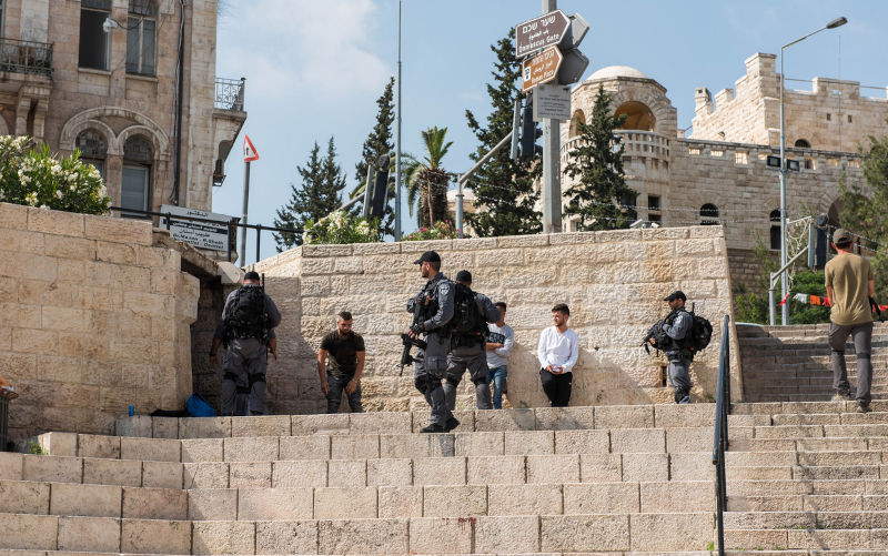 JERUSALEM, ISRAEL - MAY 15, 2018: Israeli police troops patrolling in Jerusalem Nakba Day.