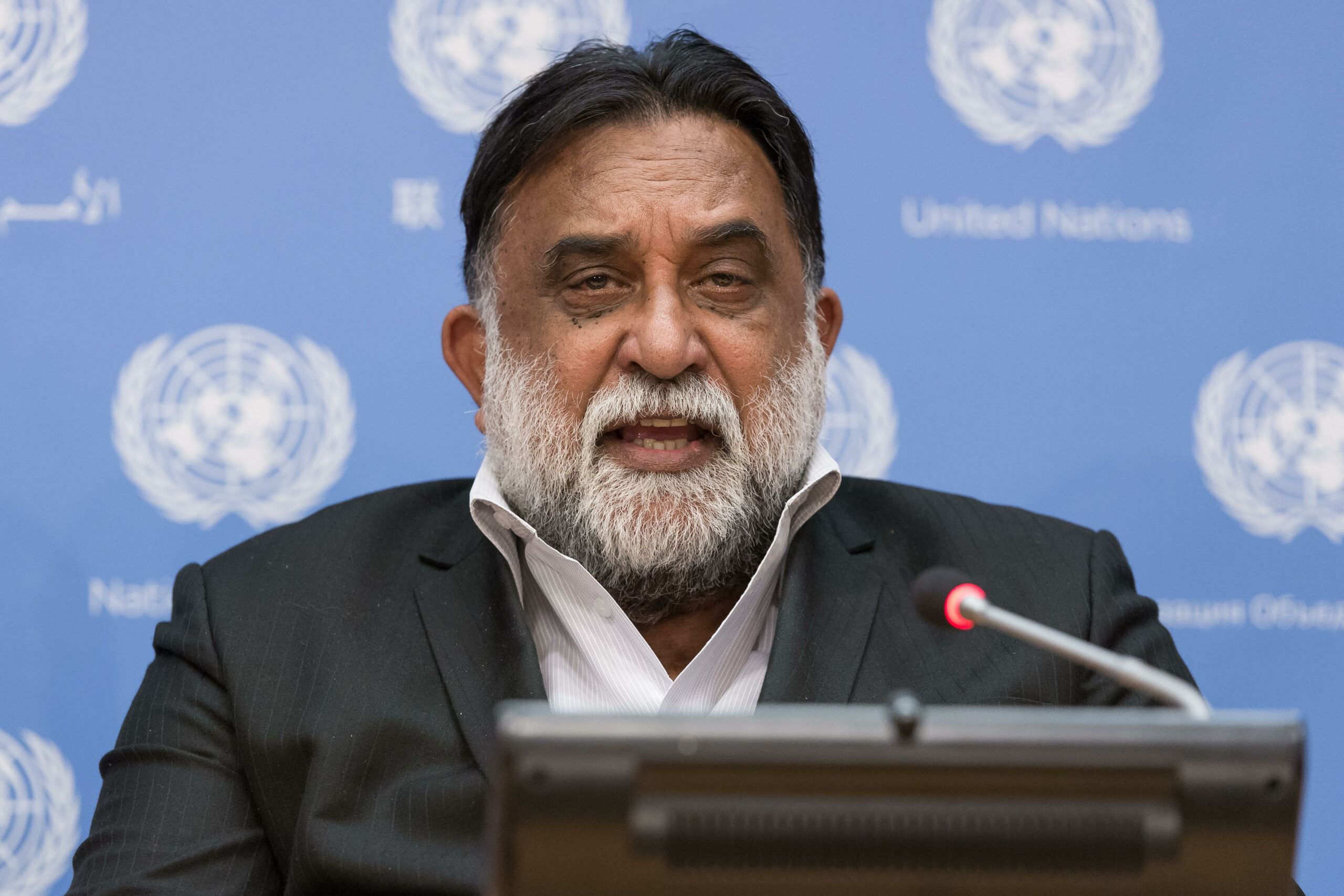 New York, USA. 4th May, 2017. Les Malezer, a member of the UN Permanent Forum on Indigenous Issues, is seen in the UN press briefing room. On the penultimate day of the 16th Permanent Forum on Indigenous Issues (April 24 - May 5), Forum Rapporteur Brian Keane, Forum member Les Malezer and Mai Thin Yu Mon from the Asia Indigenous People's Pact spoke at a press briefing at UN Headquarters, delivering their assessment of the Forum's key outcomes. Image: Alamy/PACIFIC PRESS/Alamy Live News