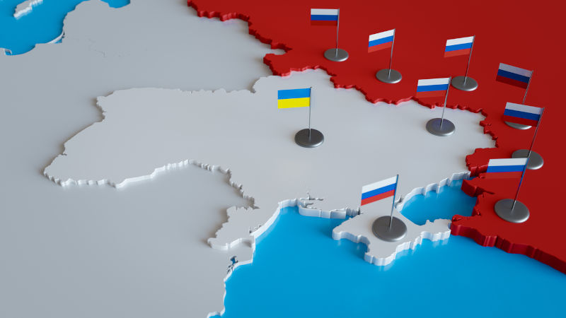 Russian flag standing on map of Ukraine. Concept of war conflict, invasion, military aggression, political crisis.