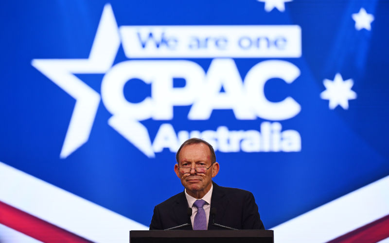 Former Prime Minister Tony Abbott delivers the keynote address during the 2023 Conservative Political Action Network Conference (CPAC) in Sydney, Saturday, August 19, 2023. Image: AAP /Dean Lewins