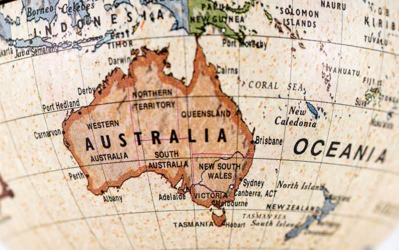 Close-up of Australia in the colourful world map.